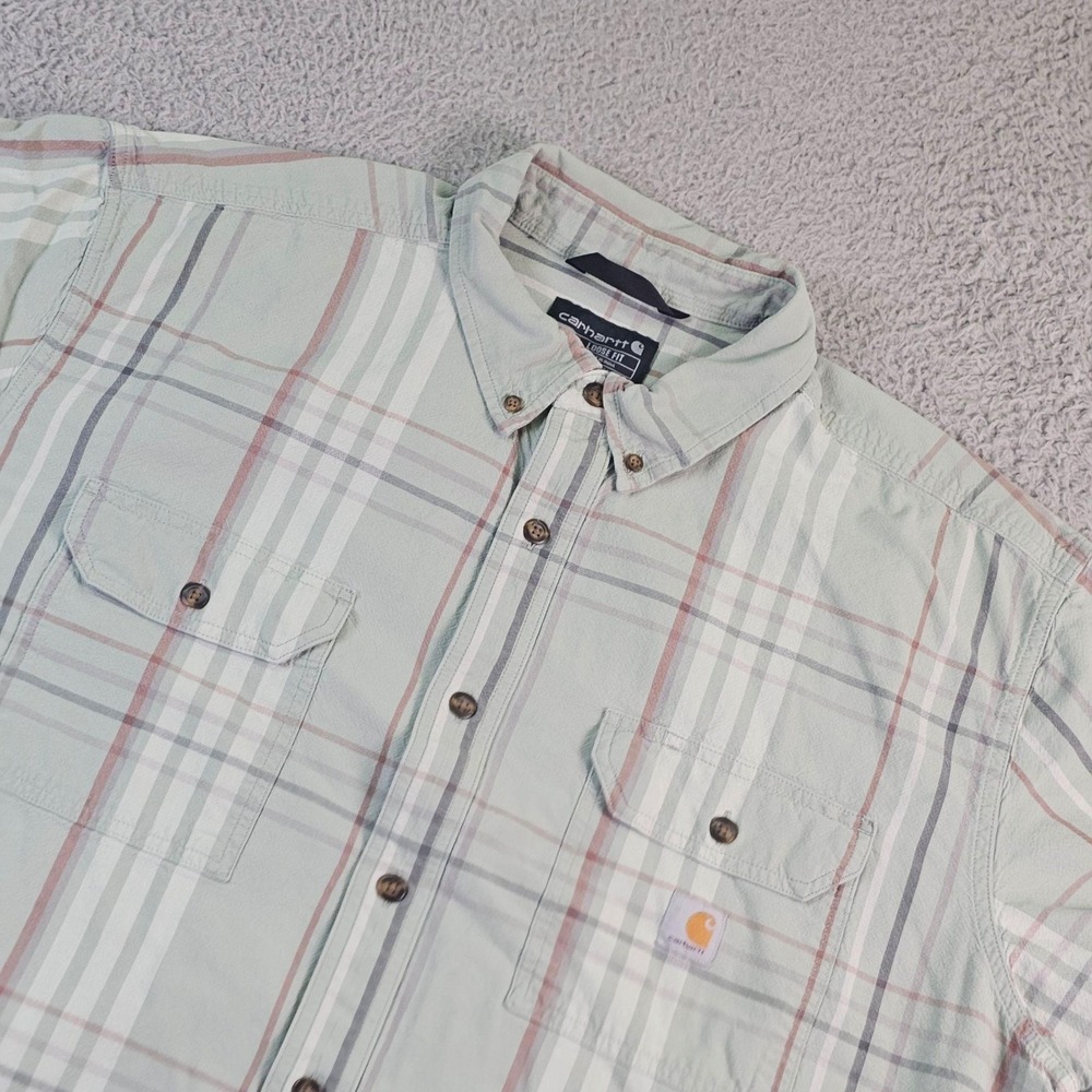Carhartt Shirt‎ Mens 2XL Green Plaid Short Sleeve Button Up Workwear Casual